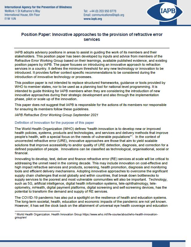 Position Paper Innovative Approaches To The Provision Of Refractive 